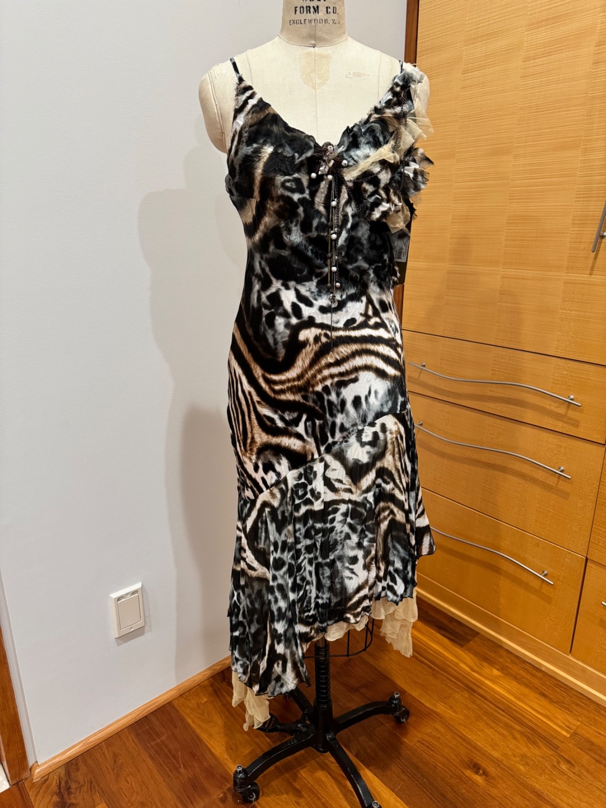 Alchera Cocktail Dress Asymmetrical Hem Ruffle Detail Animal Print Size 42