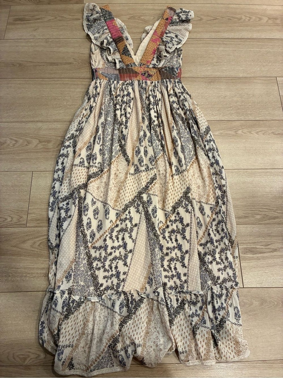 Let Me Be x Anthropologie Quilted Ruffle Patchwork Maxi Dress Size XS *FLAW