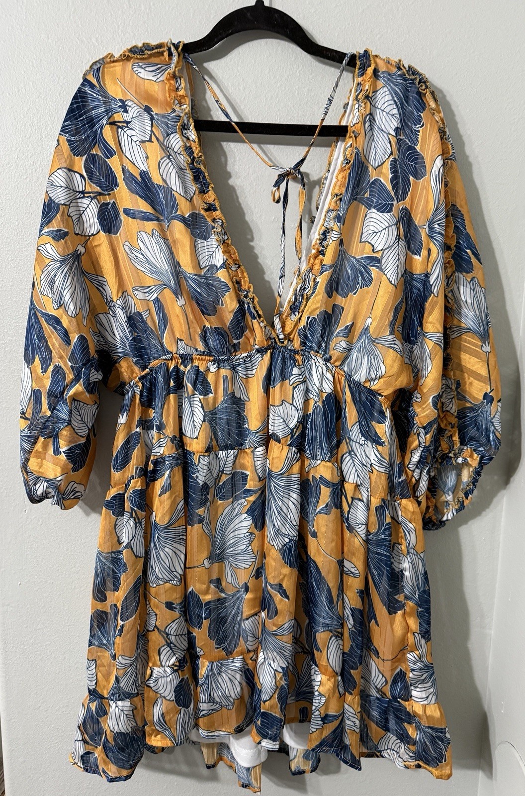 Tropical Floral V-Neck Flowy Sleeve Vacation Mini Dress Gold & Blue XL