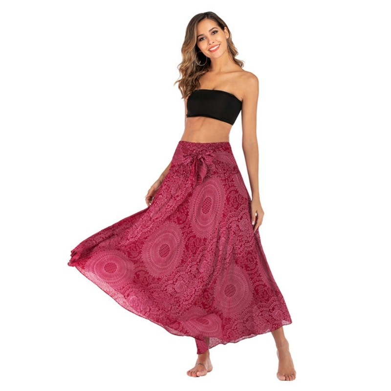 Women Bohemian High Waist Long Skirt 2 In 1 Gypsy Dresses for Beach Dance Yoga