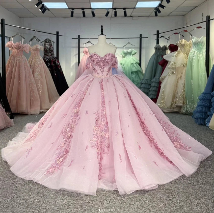 Princess Pink Quinceanera Dresses with Cape Sweet 15 16 Prom Party Ball Gowns