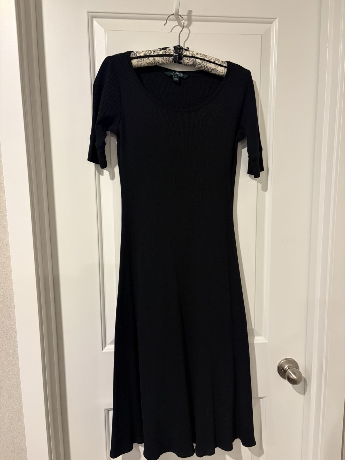 Lauren Ralph Lauren Black Cotton Waffle Knit Midi Dress ~XS~A-Line Short Sleeve