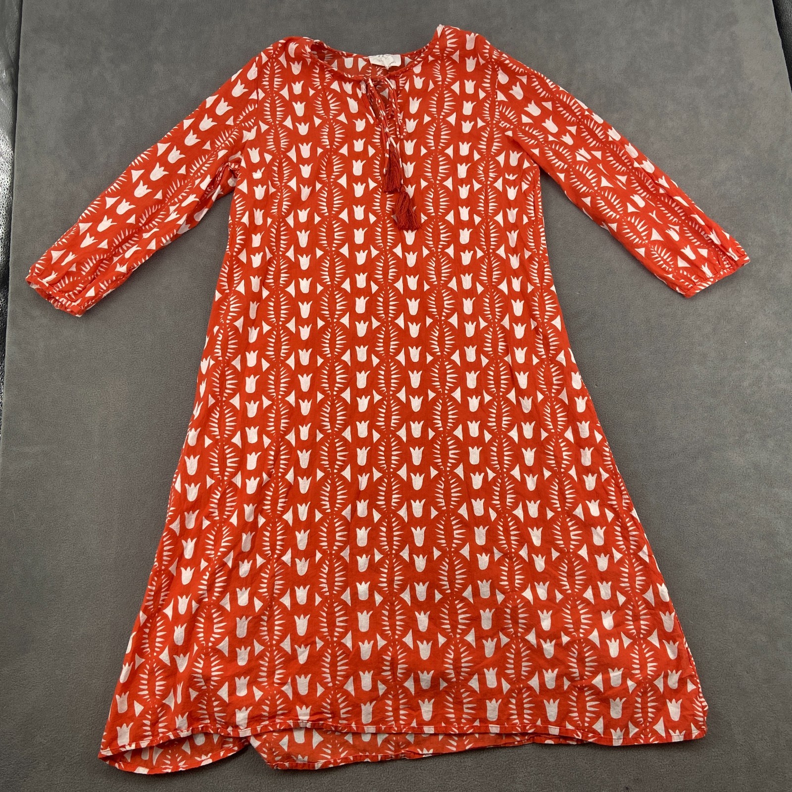 Pomegranate A Line Dress Womens Medium Orange Geometric Print Split Neck Modern