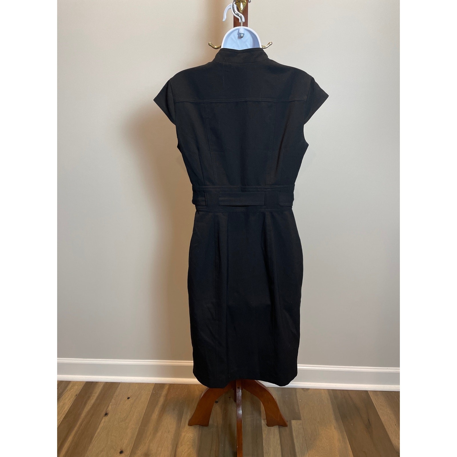 Calvin Klein Black Button Down Tie Waist Sheath Dress Cap Sleeves Size S