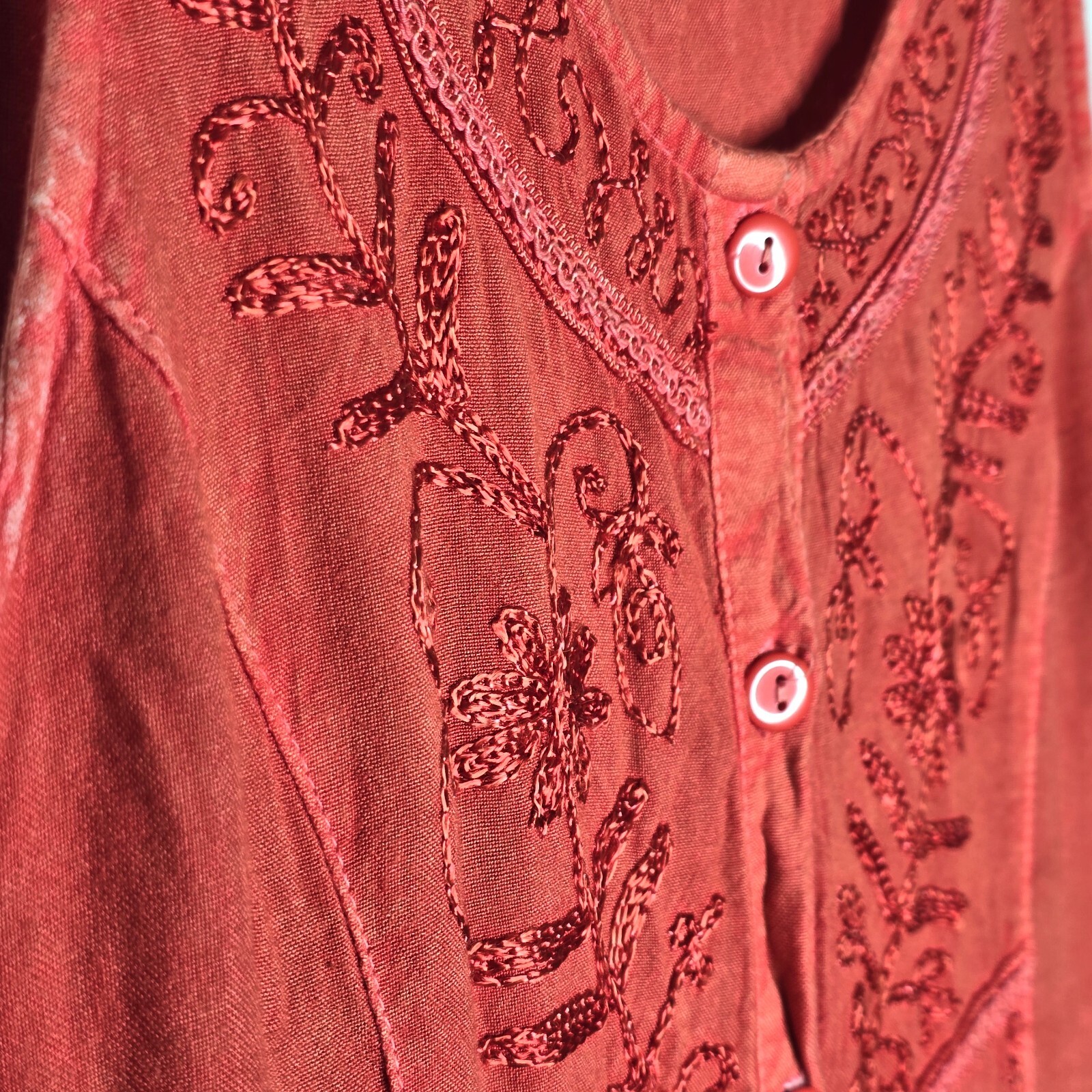 Embroidered Button Up Rust Orange M Tank Dress Waist ties Hippie Boho Artisanal