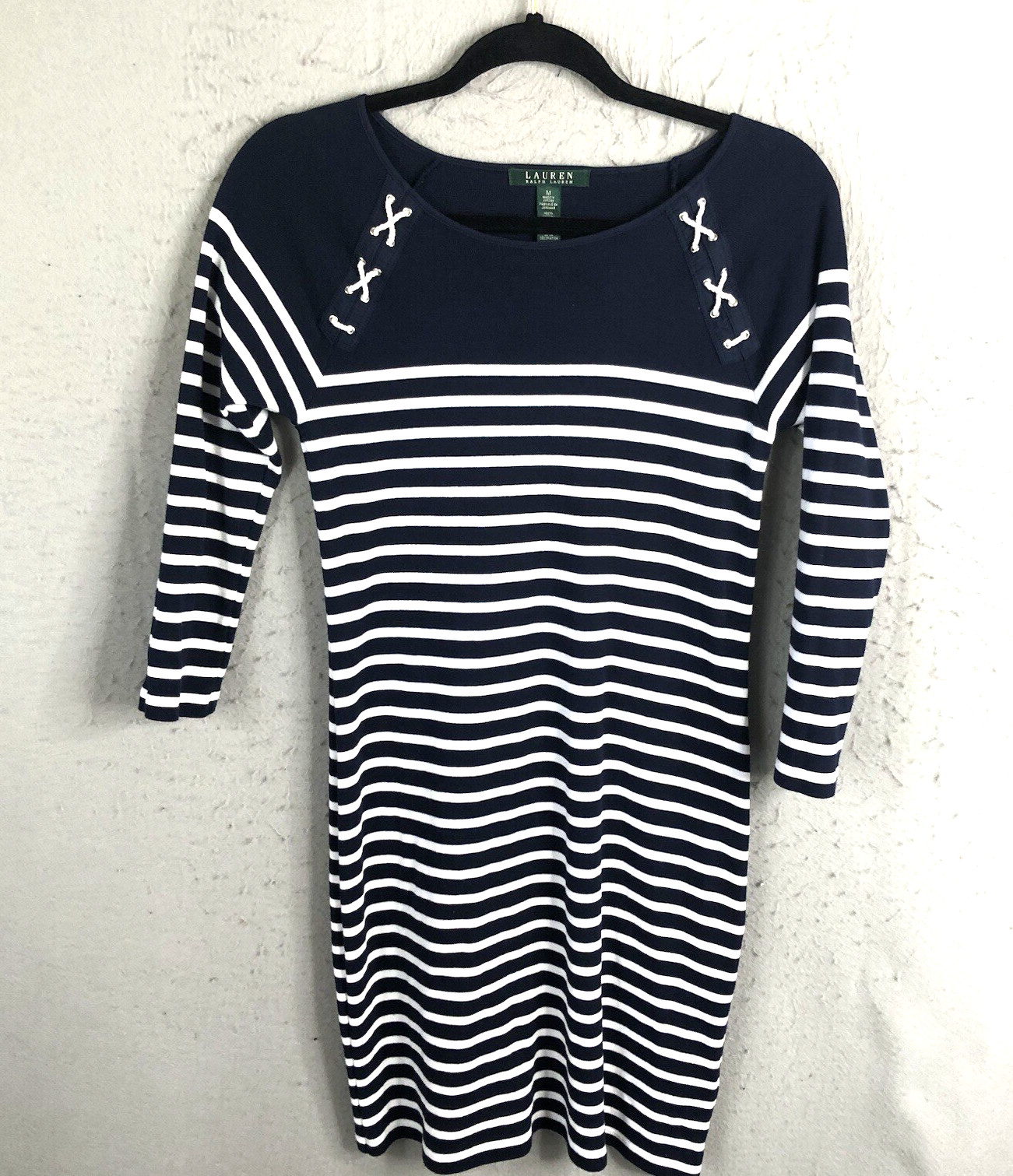 Sailor Dress Womens M Navy Blue White Striped Knit Nautical Yacht Cruise Preppy