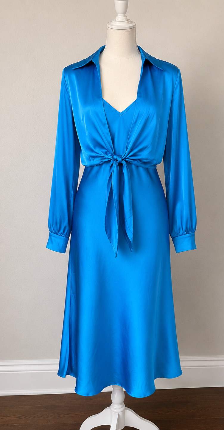 Lumiere Blue Satin 2 Pc Midi Slip Dress Tie Front Blouse Set Women’s NWT – MED