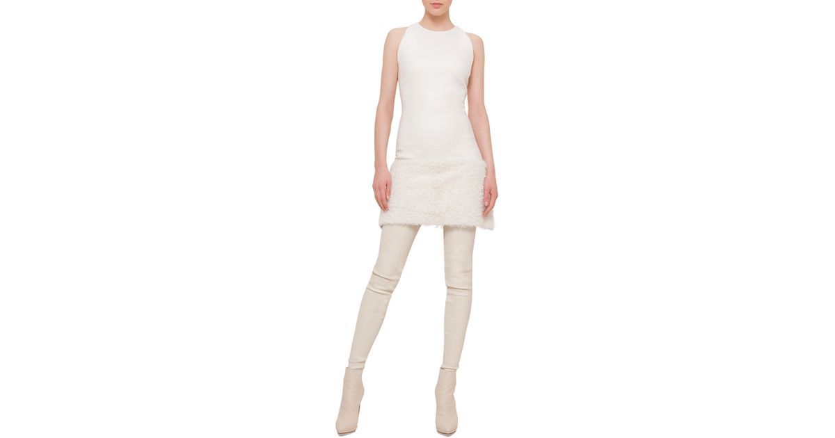 Akris Shearling Fur-Trimmed Apron Ivory Dress Size 12