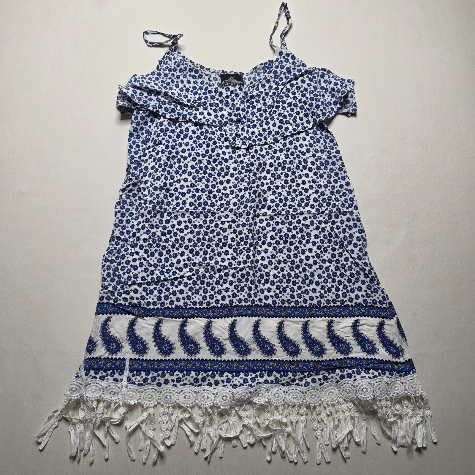 Angie Bohemian Dress Tasseled Crochet Hem Women’s Large Blue Paisley R6