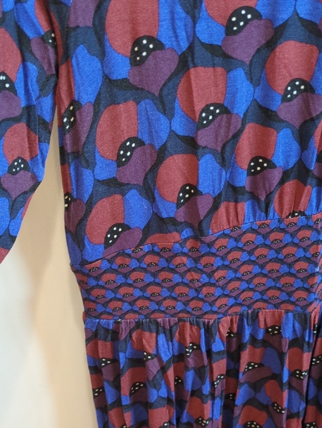 Boho Artsy Preppy Whimsy Boden Jersey Burgundy Navy Blue Purple Midi Dress US 12