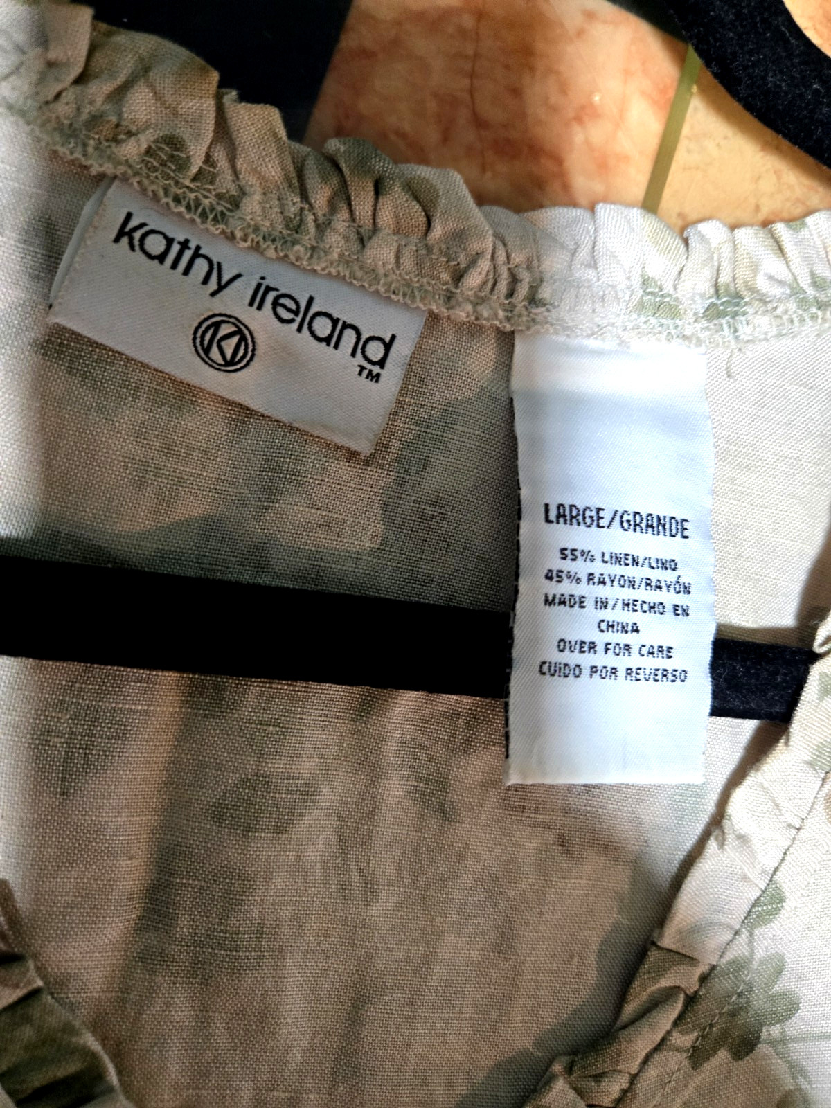 Kathy Ireland Beige/Green Sleeveless Floral Linen Blend Dress;Ruffle V-Neck;Sz L