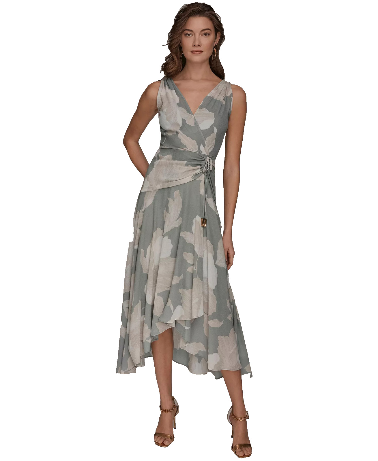 Donna Karan New York Chiffon Dress 12 Faux Wrap Midi Sage Green Cream Floral NWT