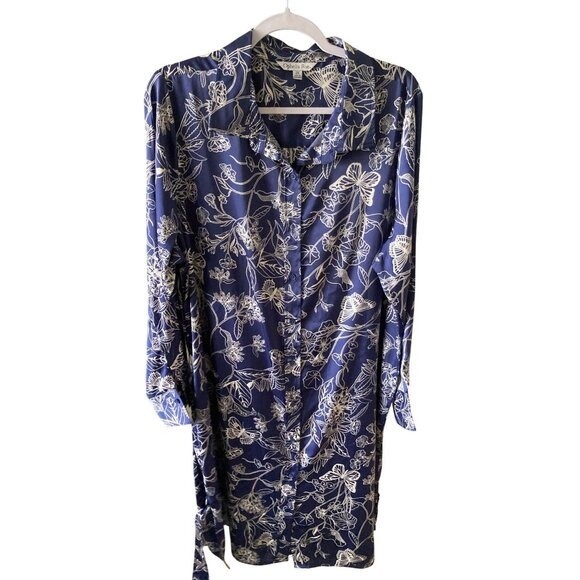 Ophelia Roe Button Front Belted Blue White Print Shirt Dress With Pockets 2X NWT