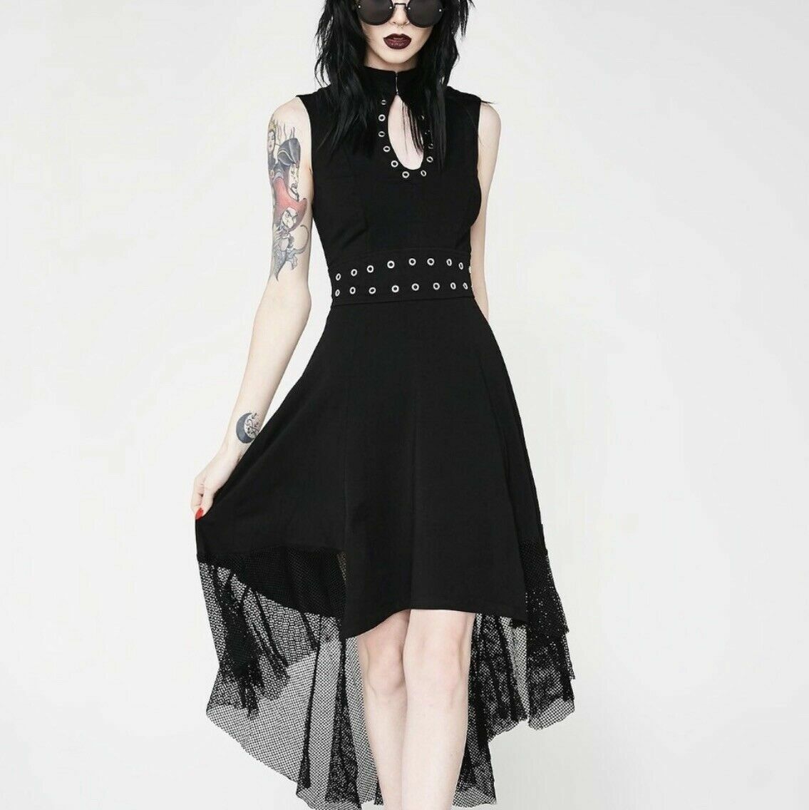 TRIPP NYC Gothic Punk Rock Star Vampire Black Hi Lo Eyelet Black Dress CE4634