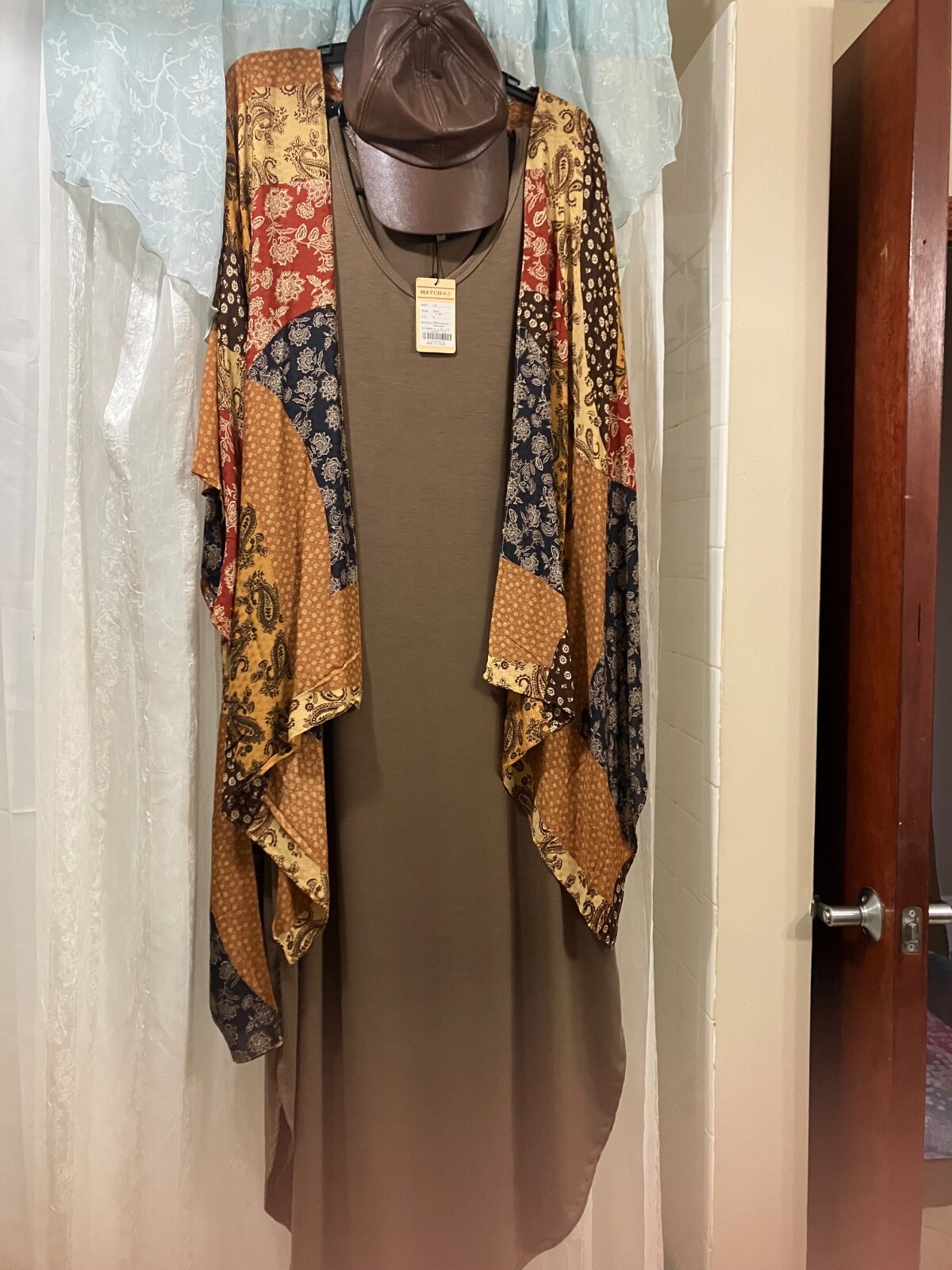 Brown Pattern 3 Piece Set. Bohemian Dress with Cover and Hat.