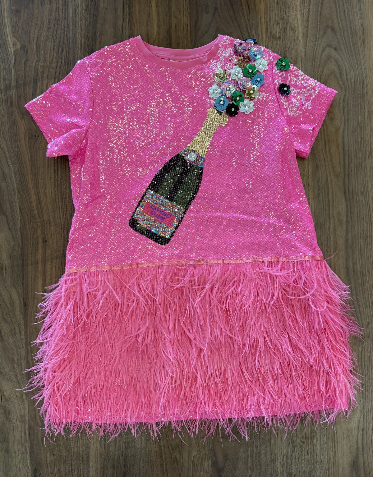 Queen of Sparkles Birthday Dress, Sequin Champange feather Fringe, Women’s Small