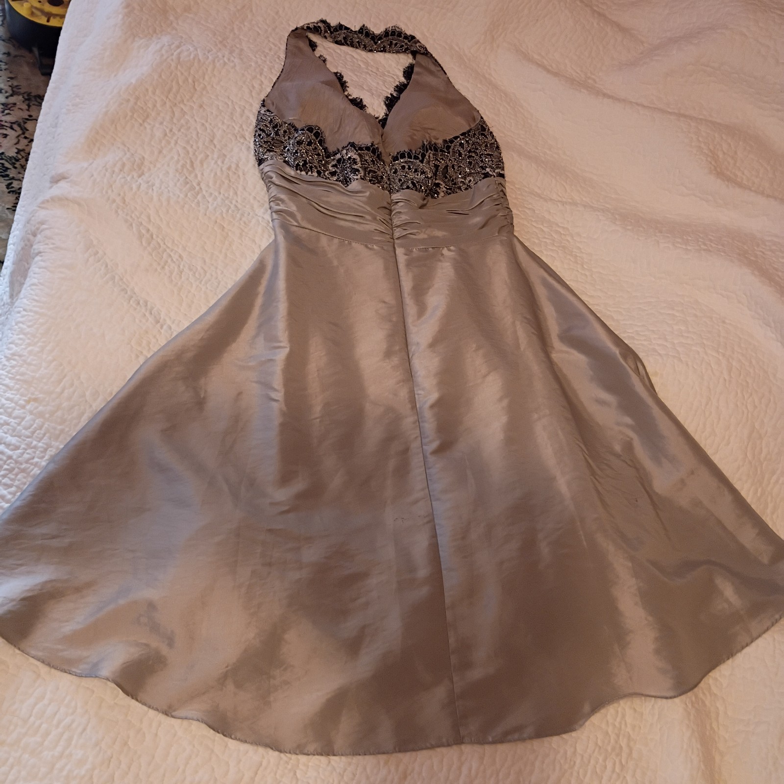 JS Boutique prom dress, silver & black, woman’s 10, halter neck, knee length