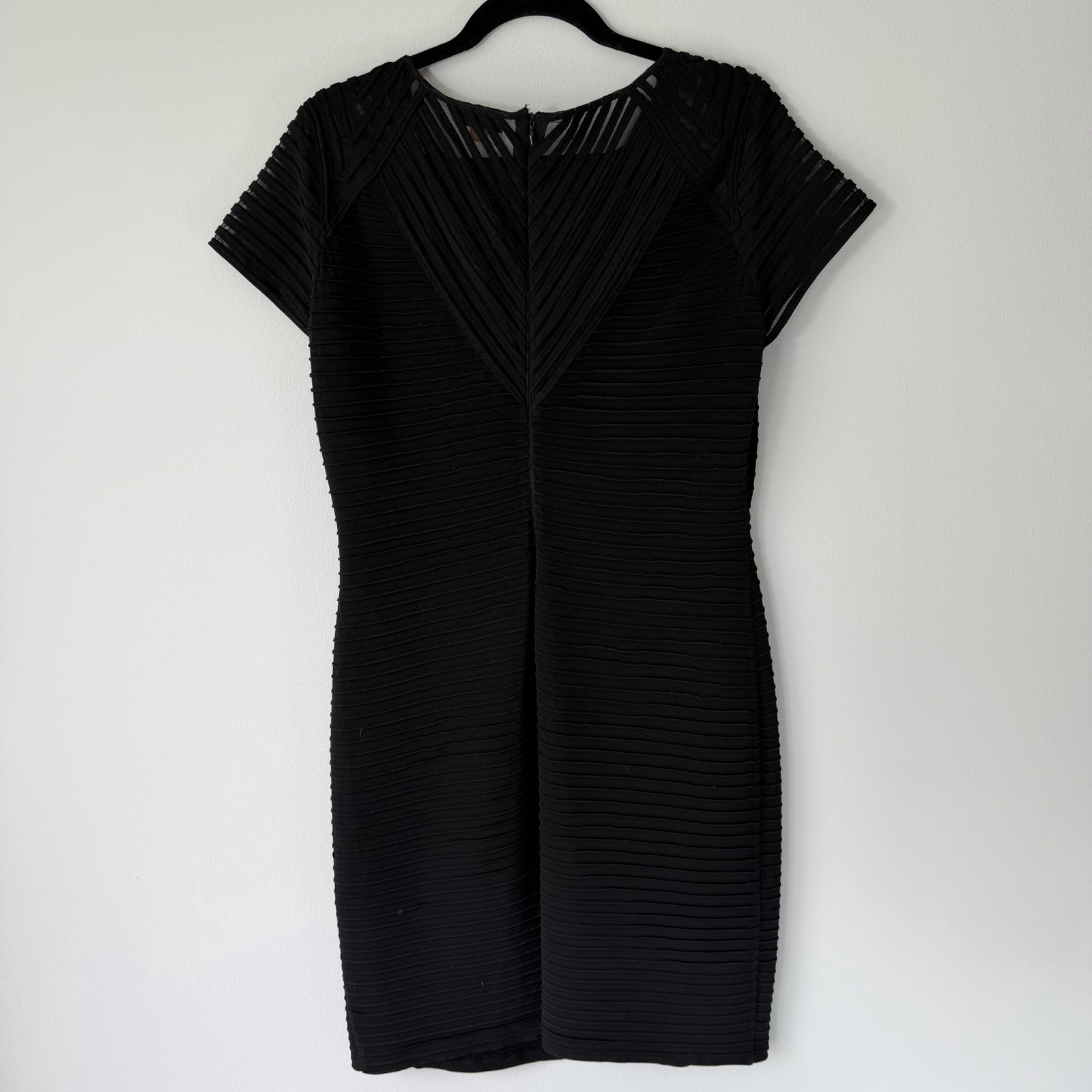 Calvin Klein Black Bodycon Dress Sheath Pleated Mesh Cap Sleeve Size 14 LBD