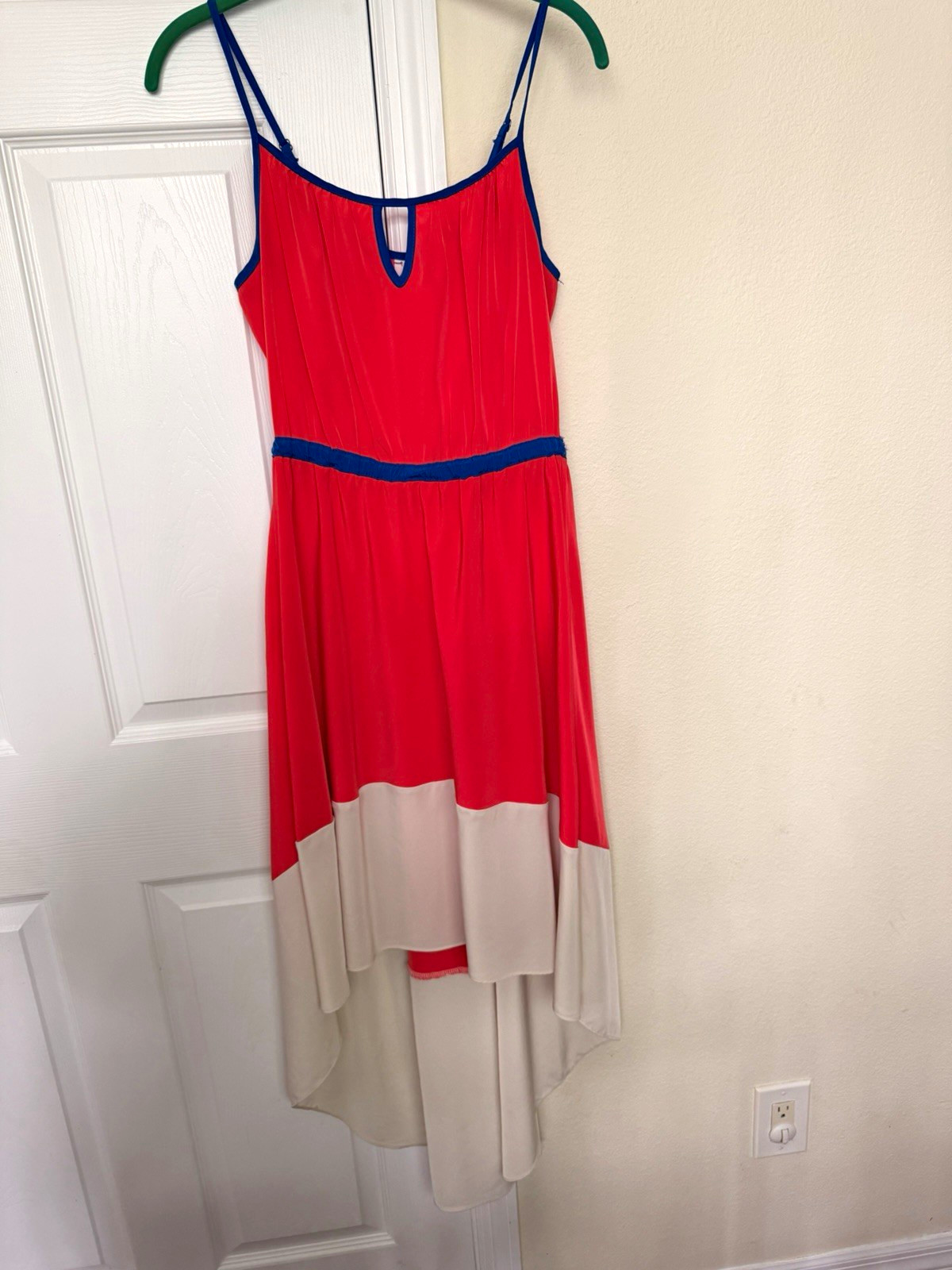 Willow and Clay Red Blue Ivory Colorblock Hi-Low Maxi Strappy Dress Size M