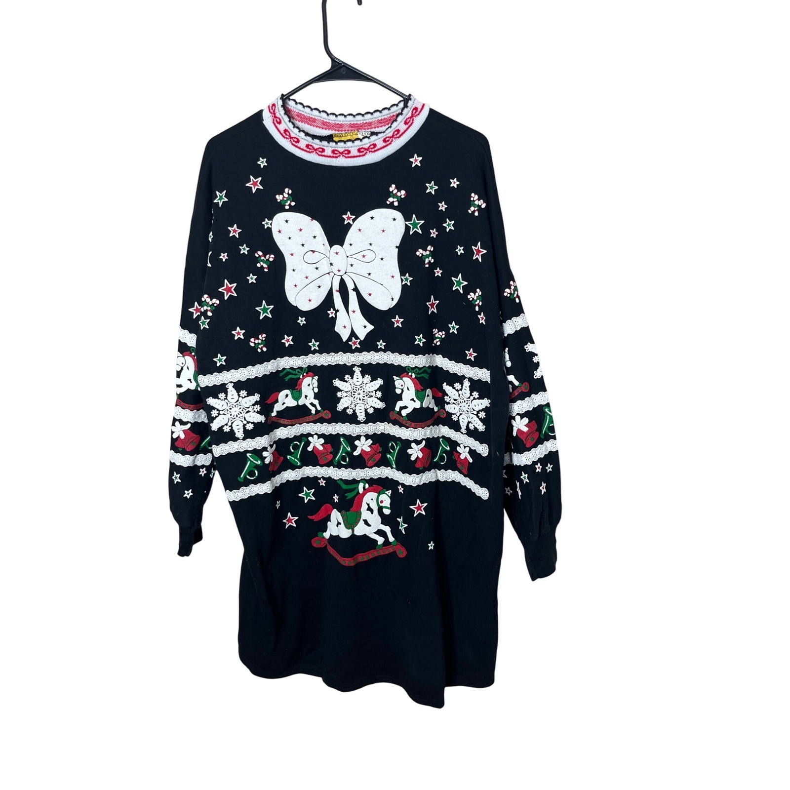 Vintage Savoy Christmas Dress One Size Black Holiday Rocking Horse Bows Stars
