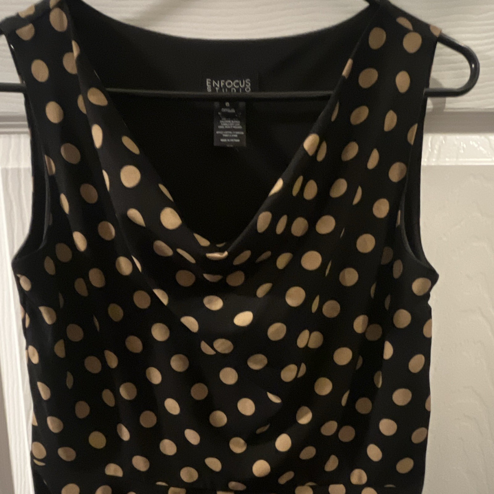 Enfocus Studio Womens 6 Black Beige Polka Dot Cowl Neck Fit & Flare Dress