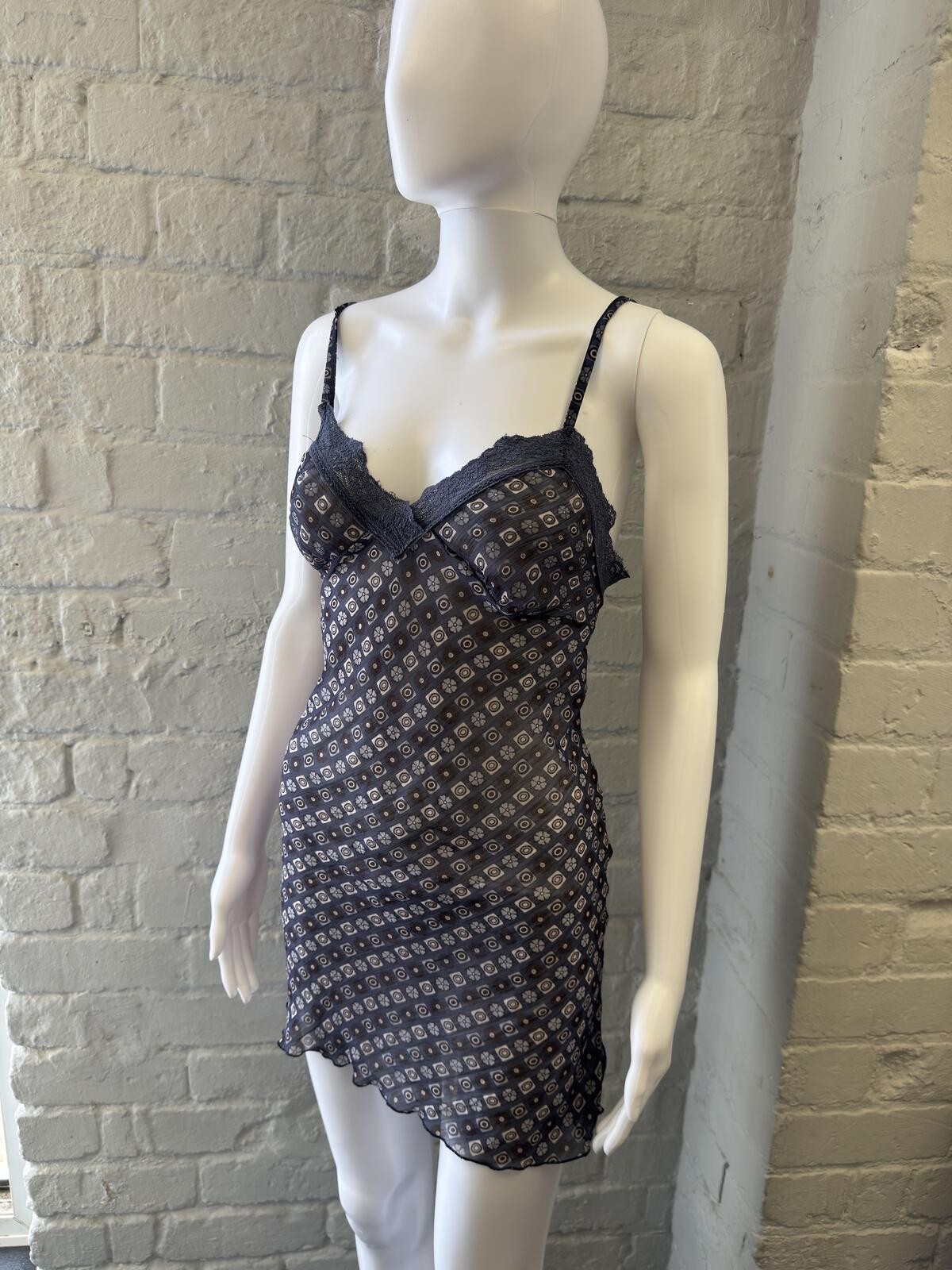 Denny Rose blue patterned lace trim slip dress
