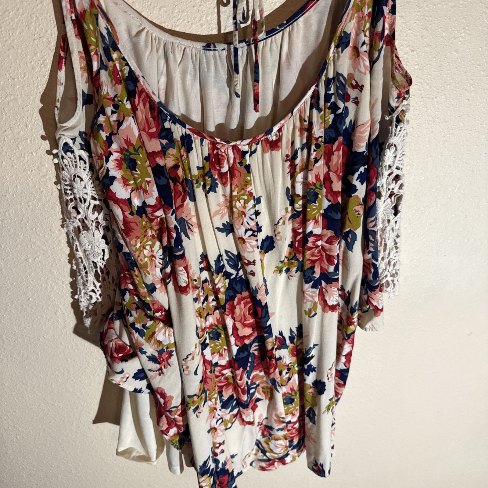 Umgee Med. Floral Boho Off Shoulder Mini Dress Crocheted Detailing Cotton Blend