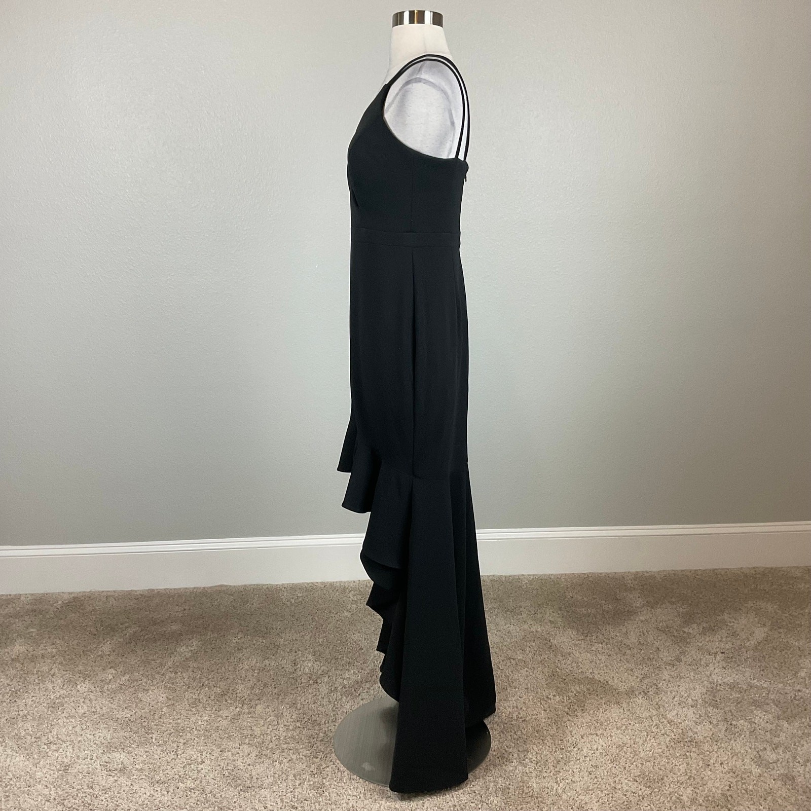 XSCAPE Black Evening Gown Ruffled High Low Sleeveless Sheath Dress Size 8