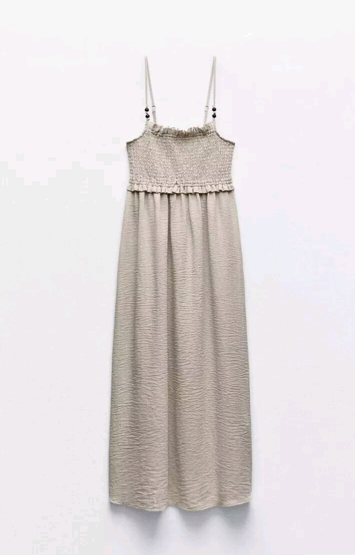 ZARA Light Camel Midi Dress With Smocked Detail Bead Appliqués – Size XS