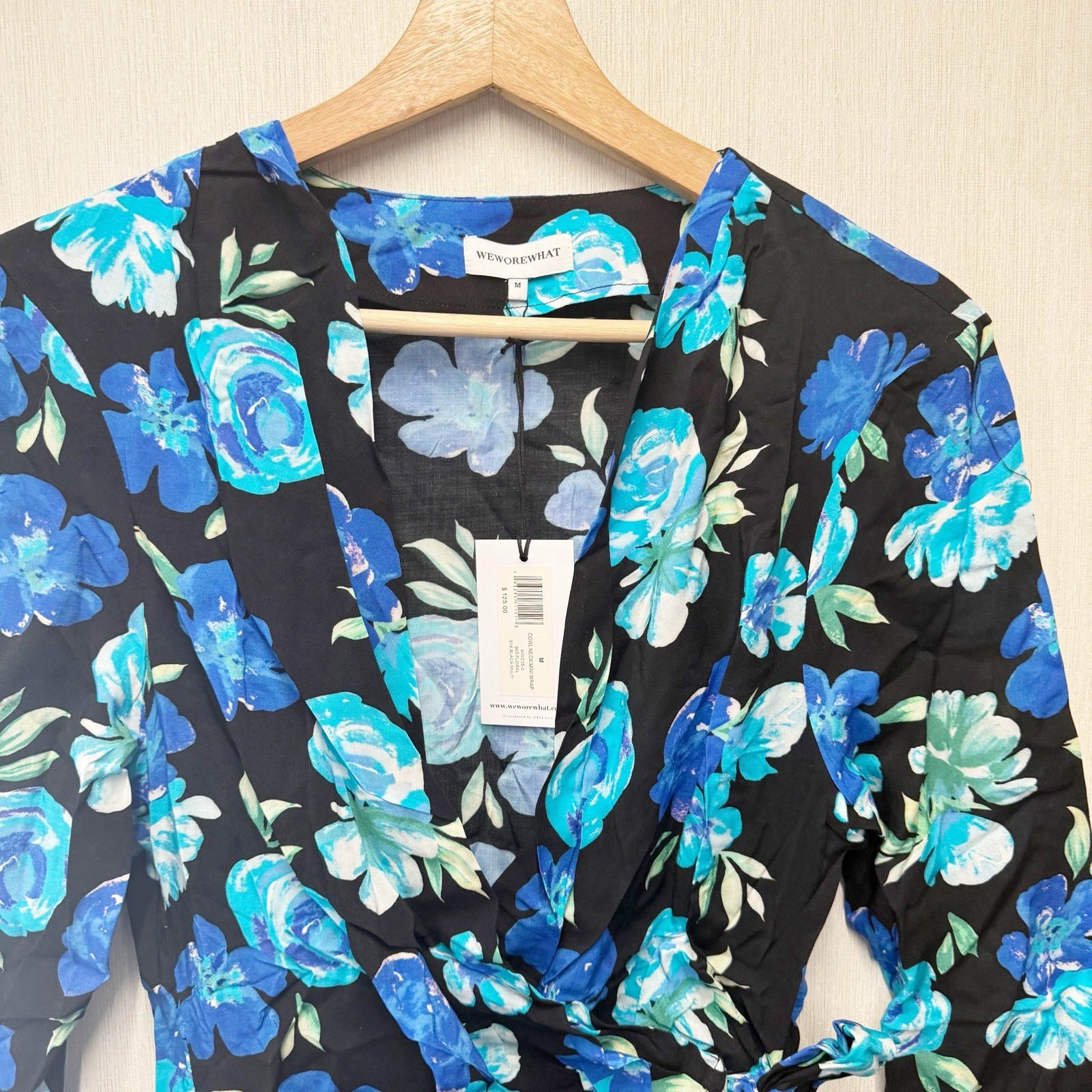 NWT WeWoreWhat Blue Black Cowl Neck Wrap Mini Dress, Size Medium