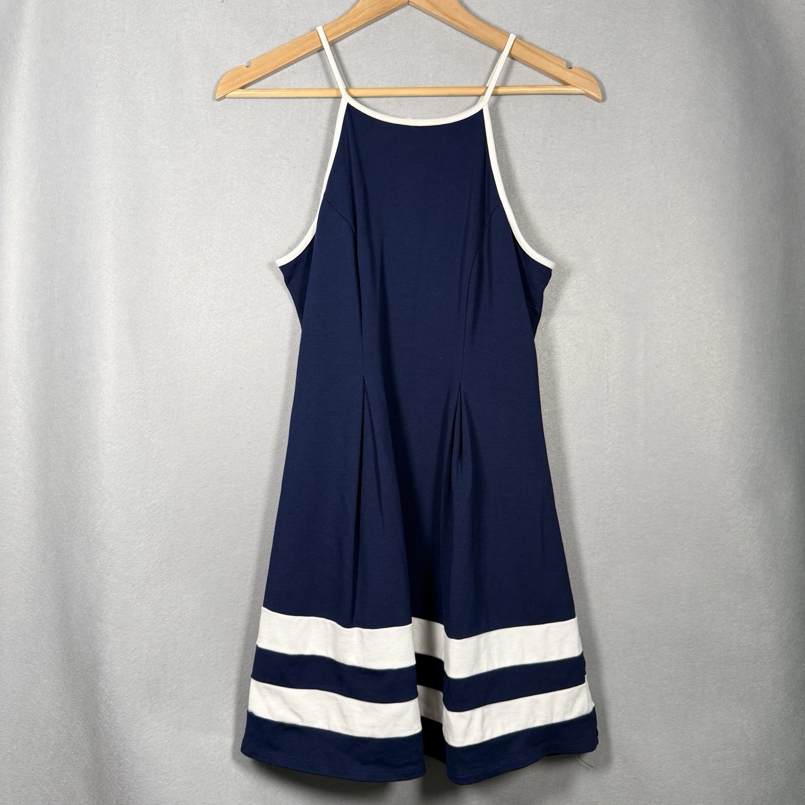 Mini Dress Nautical Sailor Sporty Spaghetti Straps Blue White Trim Stripes Sz M