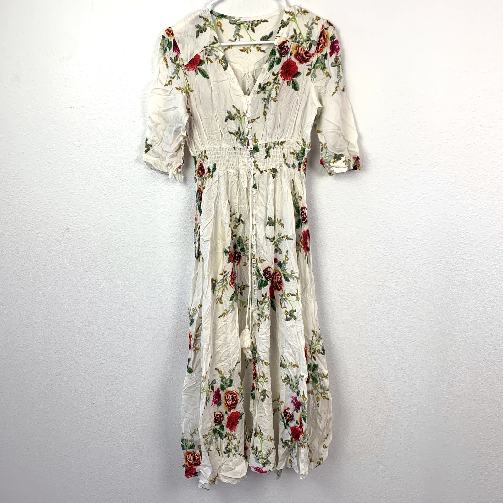 Boho Floral Midi Dress Women’s White Red Green Smocked Waist Button Front Tassel