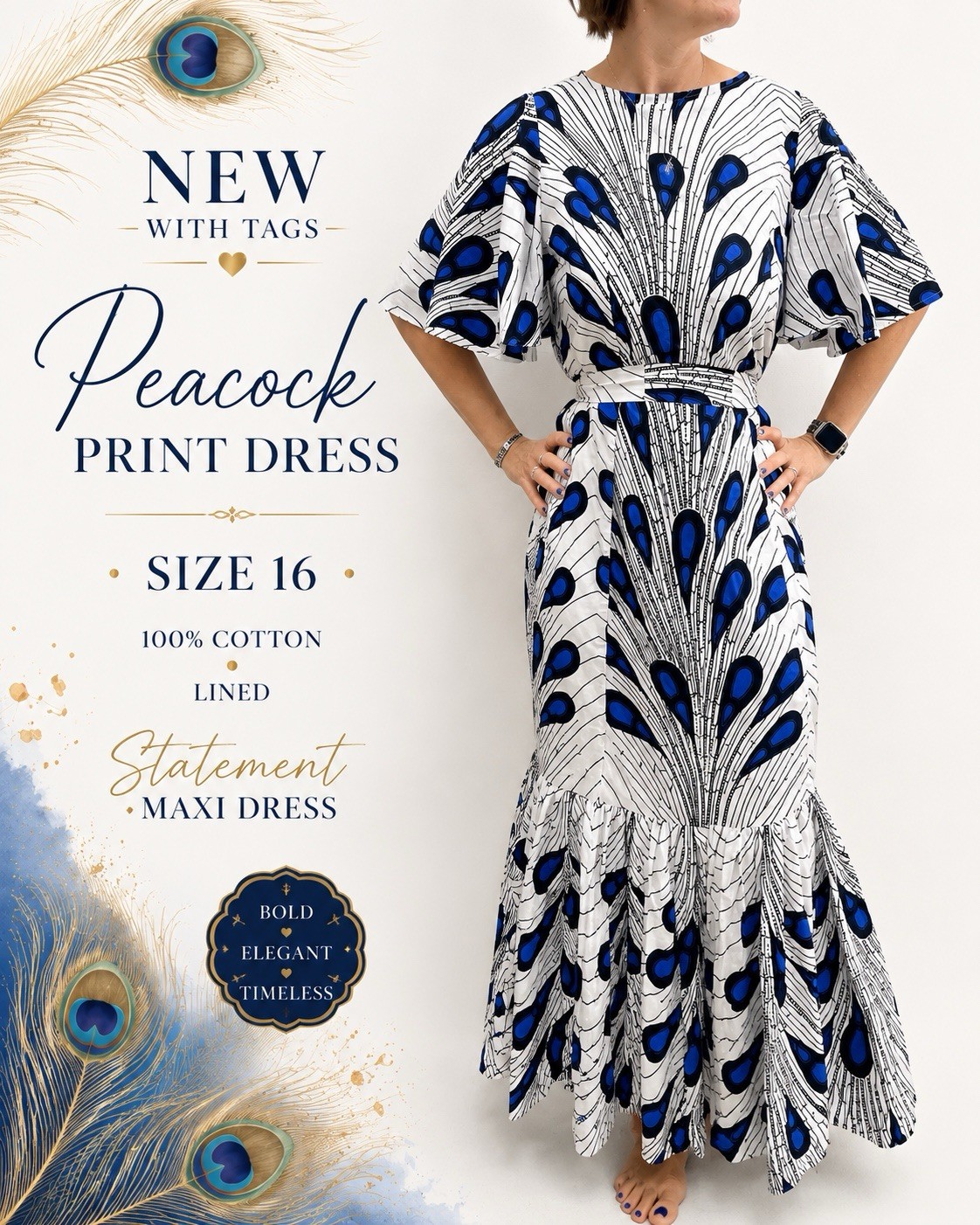 Ashro Size 18 Peacock Print Maxi Dress Blue White Belted 100% Cotton Boho Chic