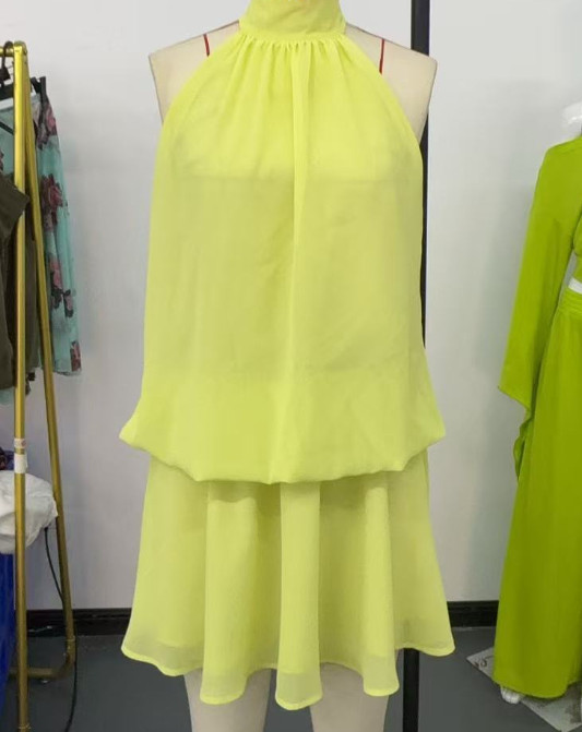 Womens Halter Neck Backless Mini Dress Sleeveless Ruffle Tiered Flowy Sundress