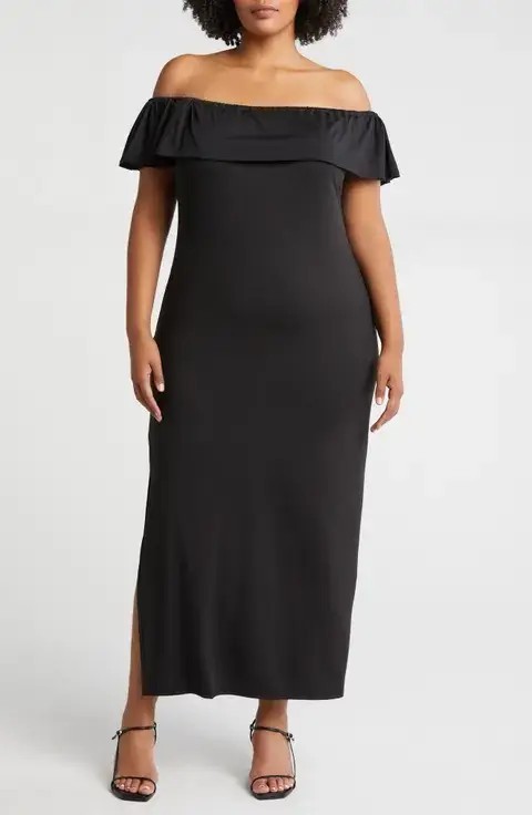 24seven Comfort Apparel Plus Size Off The Shoulder Midi Dress Women’s 2X Black