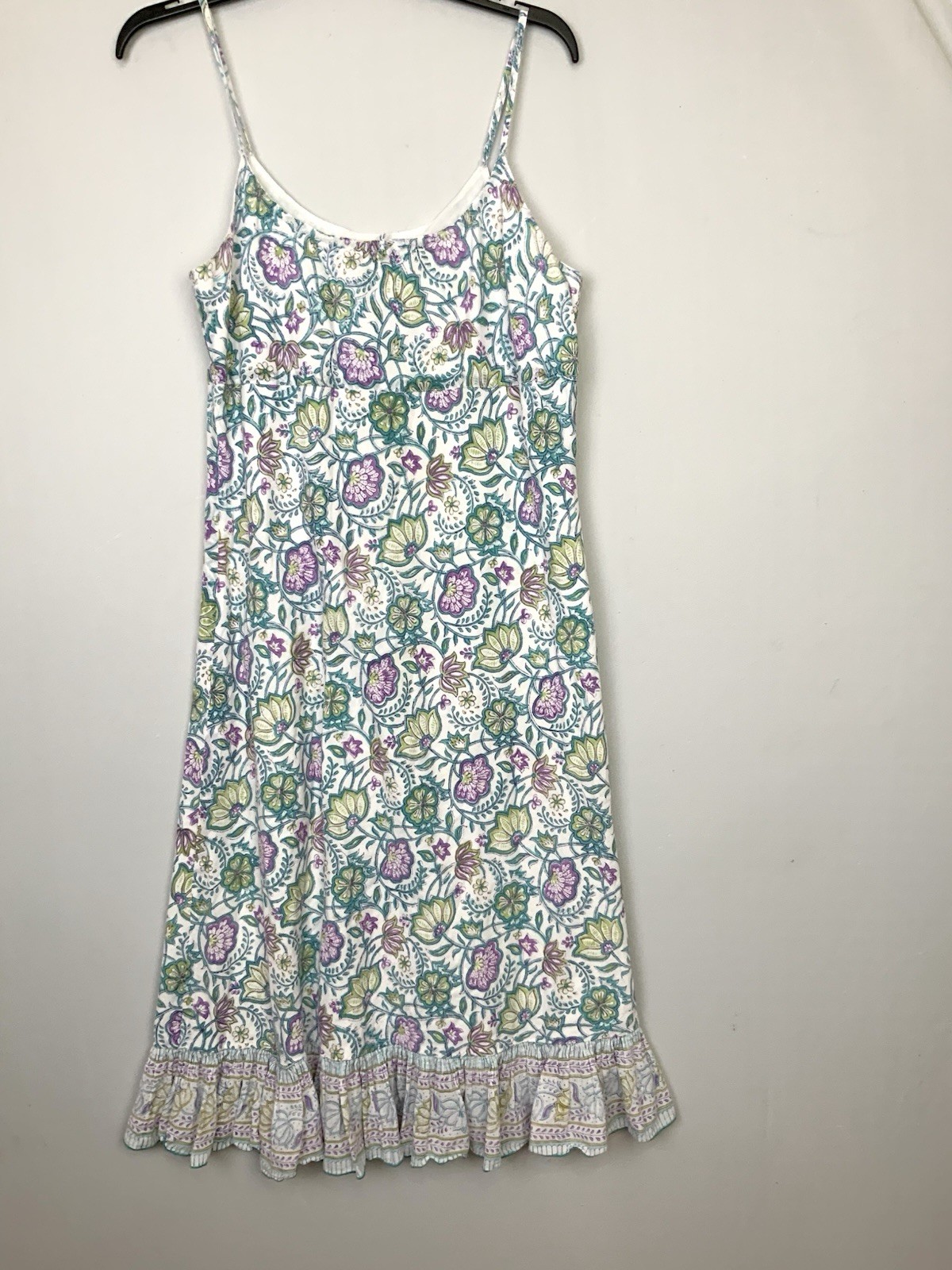 Anokhi East Sz 12 Purple Green Floral Ruffle Hem Cotton Midi Dress Sundress
