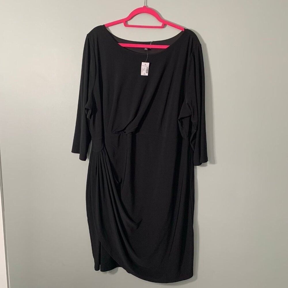 NEW Roz & Ali Black Faux Wrap Ruched Sheath Dress Plus Size 3X 3/4 Sleeve