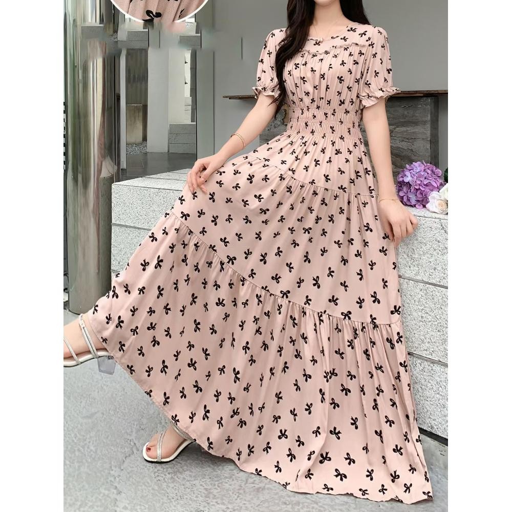 Elegant Boho Floral Dress Elastic Waist Relaxed Fit All Sizes Vacation Outfit