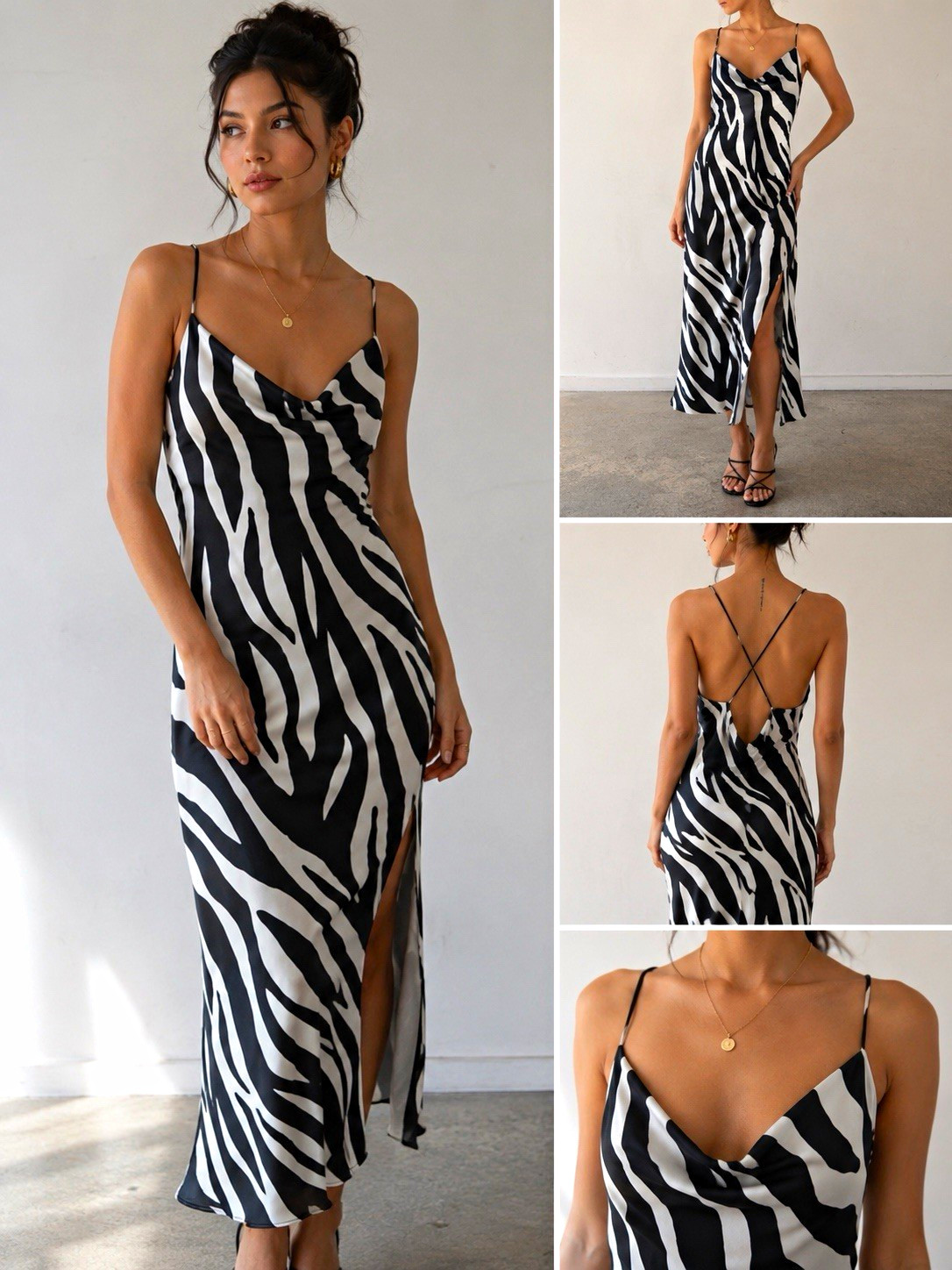THE EAST ORDER Zebra Print Satin Slip Midi Dress Side Slit V-Neck Zip M