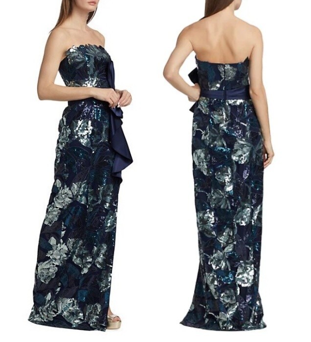 Marchesa Notte Navy & Silver Sequin Mikado Bow Gown With Deep Slit sz 6 $995
