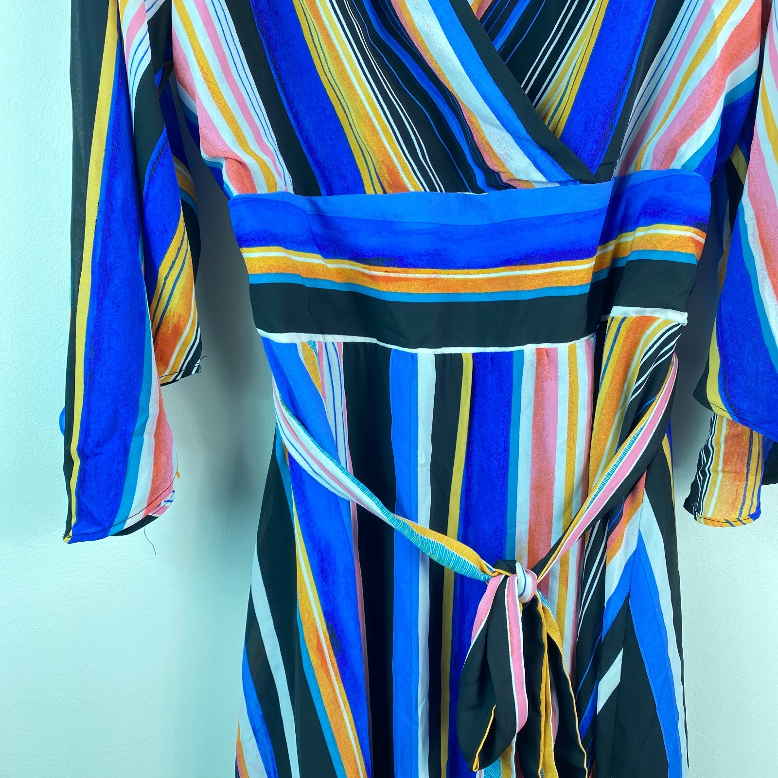 NY Collection Womens Plus 1X Multicolor Striped Belted Wrap Maxi Dress NWT BB30
