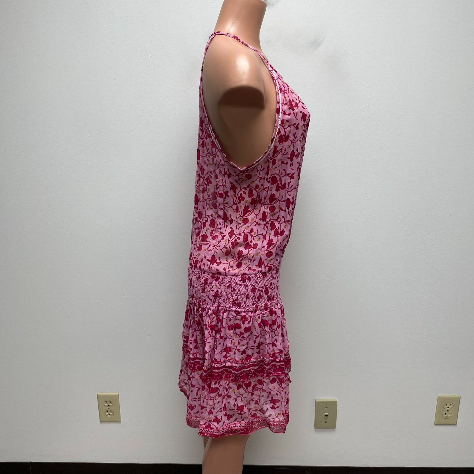 Poupette St Barth Womens Pink Floral Halter Sleeveless Smocked Ruffled Dress L
