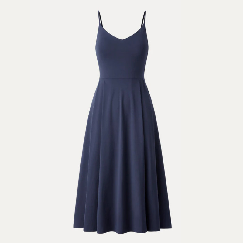 OGL Bamboo Ponte V-neck Fit-and-flare Midi Bra Sundress with Pockets – Navy