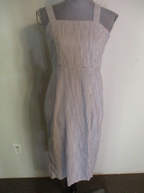 Tahari FAB! Linen Blend Strappy Button Closure Stretch Striped Midi Dress Sz 4