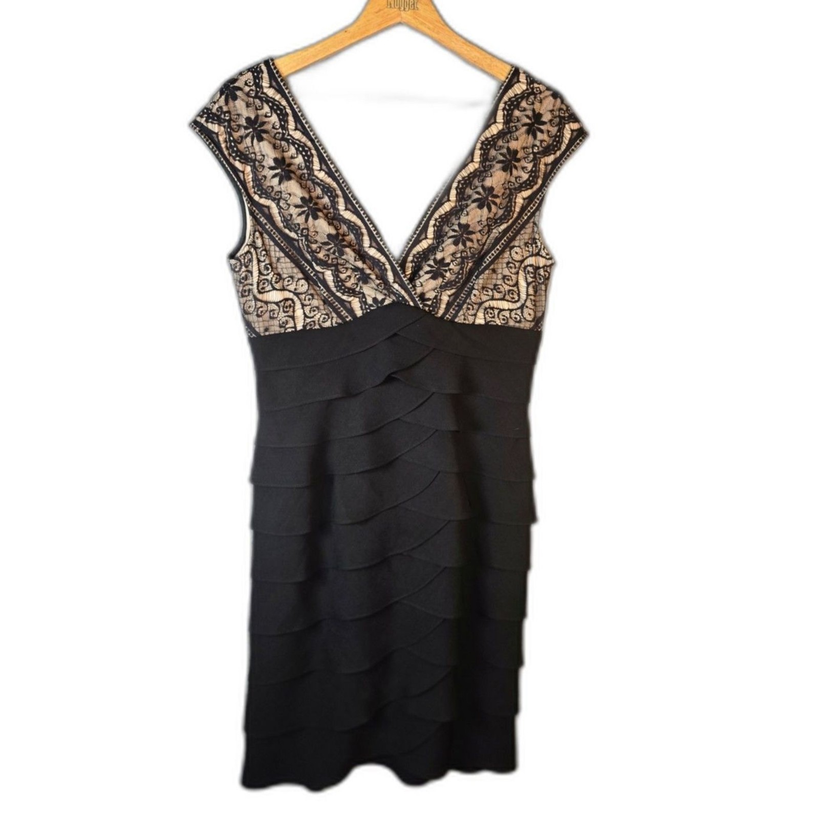 Jessica Howard Womens Dress 10 Black Beige Lace Bodice Tiered Ruffle Cocktail