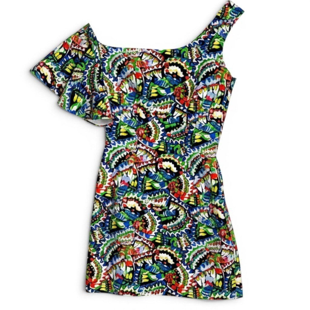 Saloni Mini Dress Size 2 One Shoulder Multicolor Abstract Ruffle Graphic Print