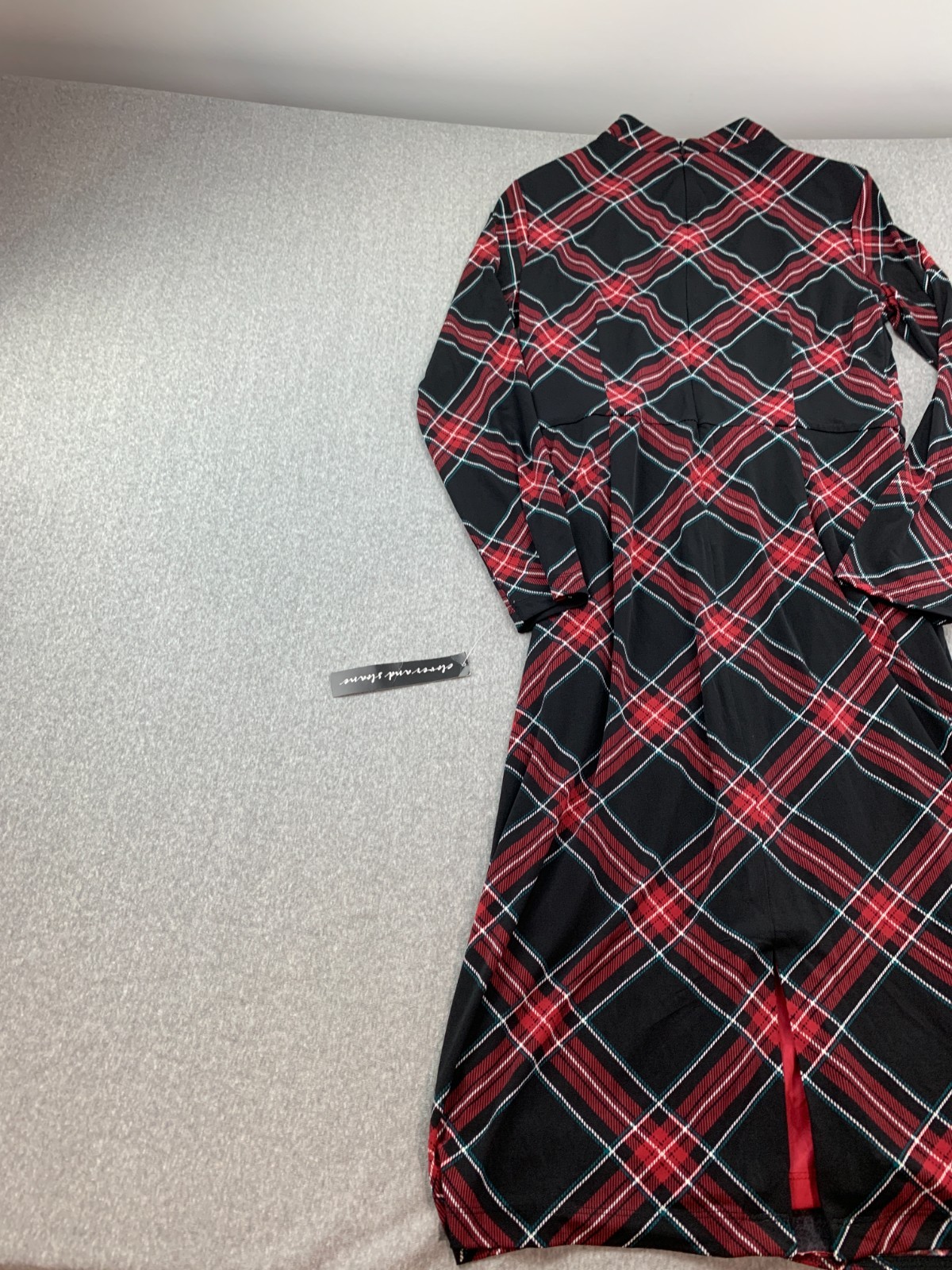 Clover and Sloane High Neck Side Pleated A-line Sheath Dress Women 8 Black Plaid