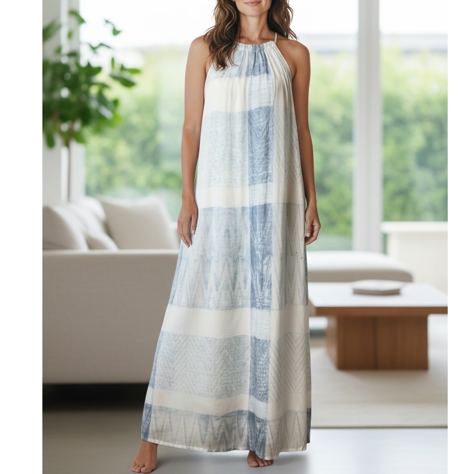 NWT Frye Maxi Dress White Blue Sleeveless Halter Neck Bohemian Size M