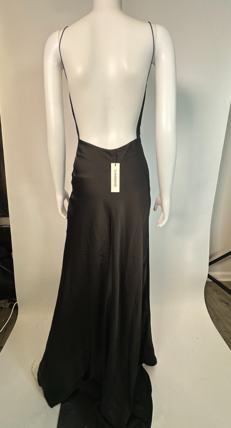 NWT Commense Black Satin Backless Maxi Dress Size XS Minimalist Slip EveningGown