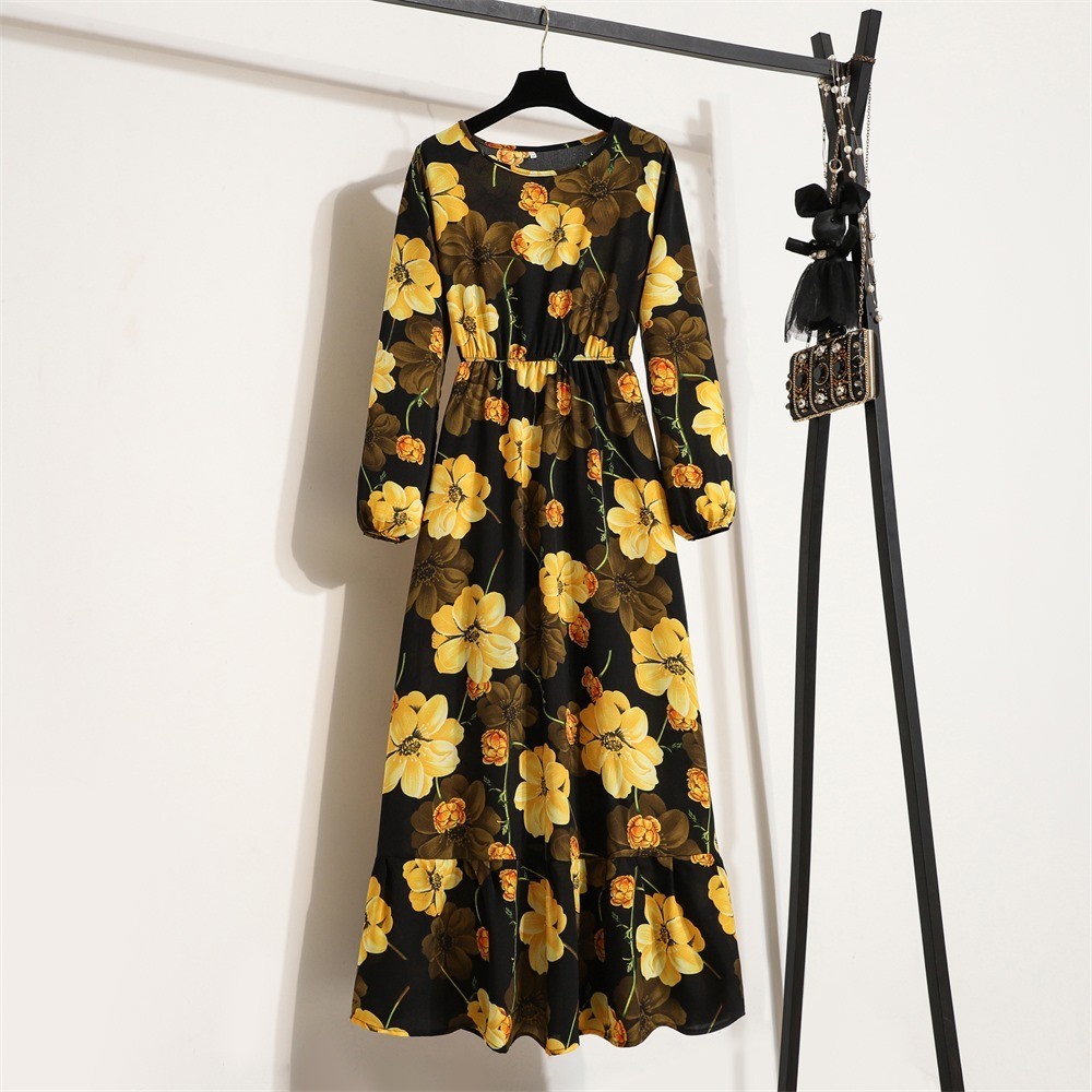 Spring summer Women Maxi dress Long sleeves Printed–M–Chest: 40 inches